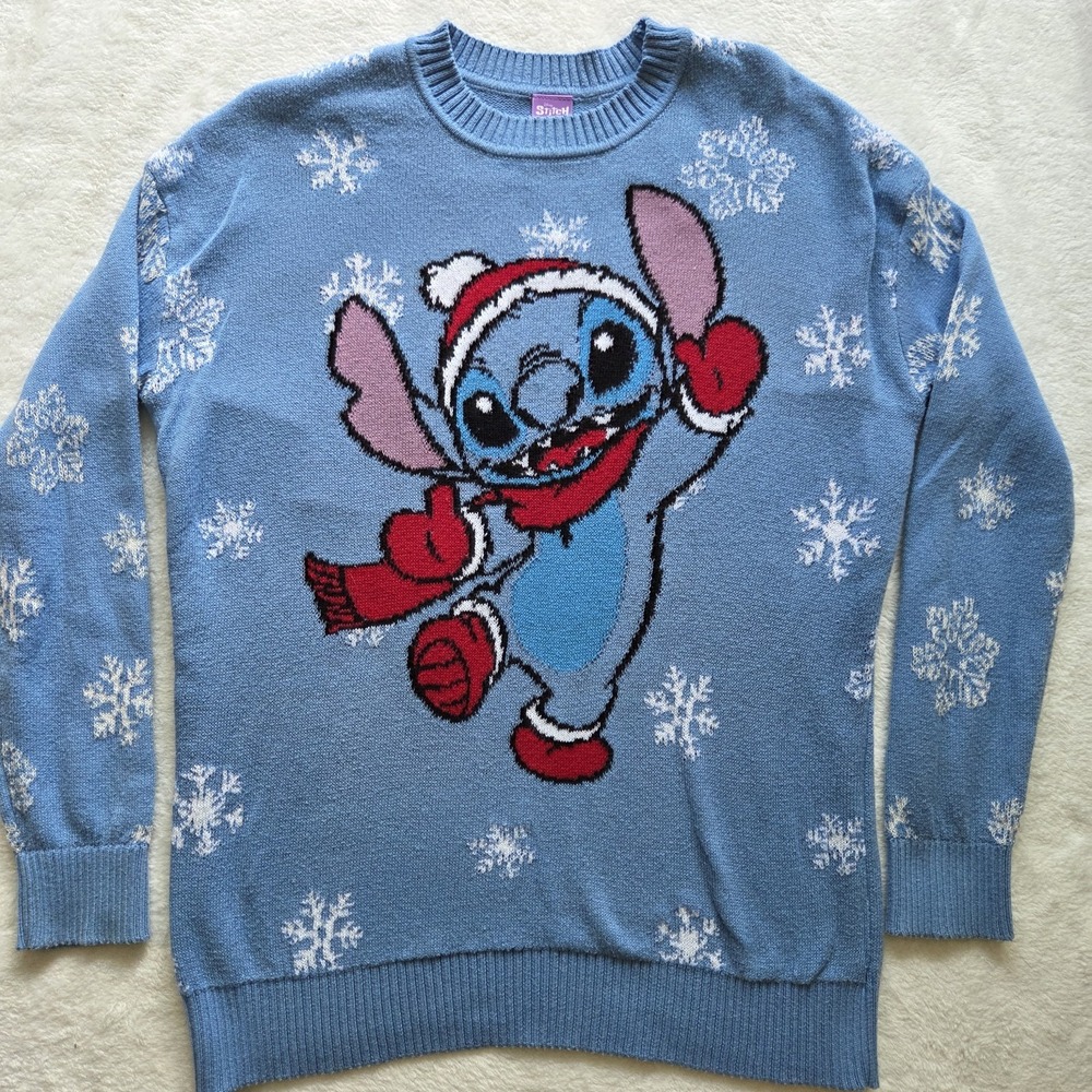 Disney Stitch Holiday Christmas Sweater Blue Sz Medium Knit
